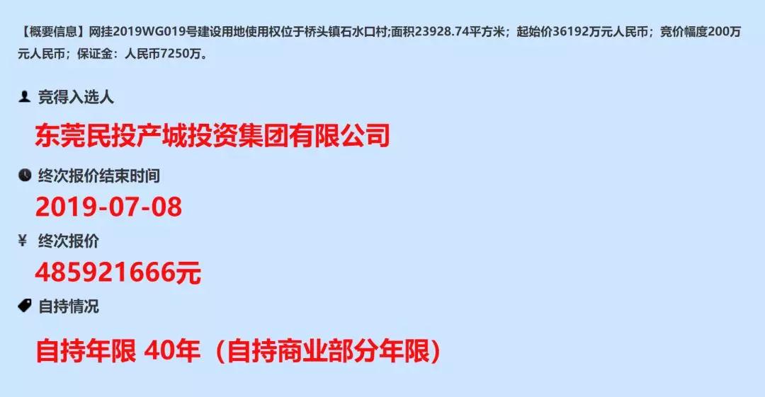 东莞首宗“终次报价”地块出炉！莞民投4.86亿竞得桥头2.4万㎡商住地